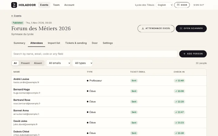 The audience list with ticket email status and check-in time