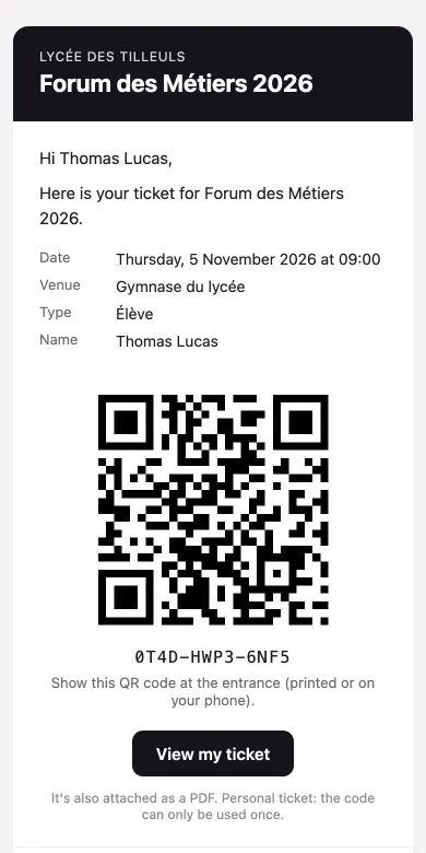 The email a guest receives, with their QR code and the event details