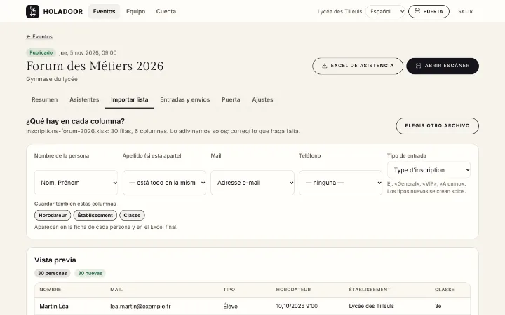 Holadoor reconoce las columnas del archivo importado: nombre, mail y tipo de entrada