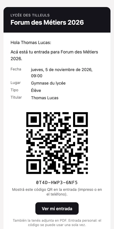 El mail que recibe un invitado, con su código QR y los datos del evento