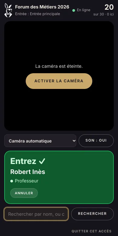 Le scanner d’Holadoor sur un téléphone : billet valide, la personne peut entrer
