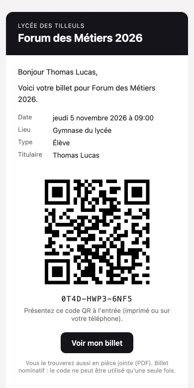 L’e-mail reçu par un invité, avec son QR code et les informations de l’événement