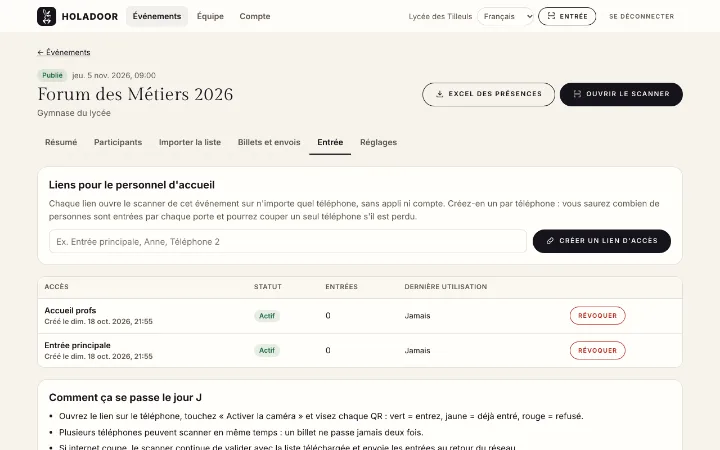 Les liens d’accueil d’un événement : un par téléphone, chacun révocable.