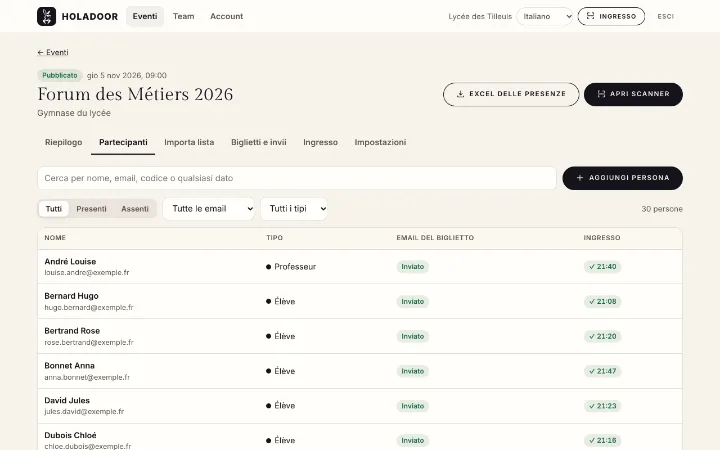 La lista degli spettatori con lo stato d’invio dei biglietti e l’ora d’ingresso