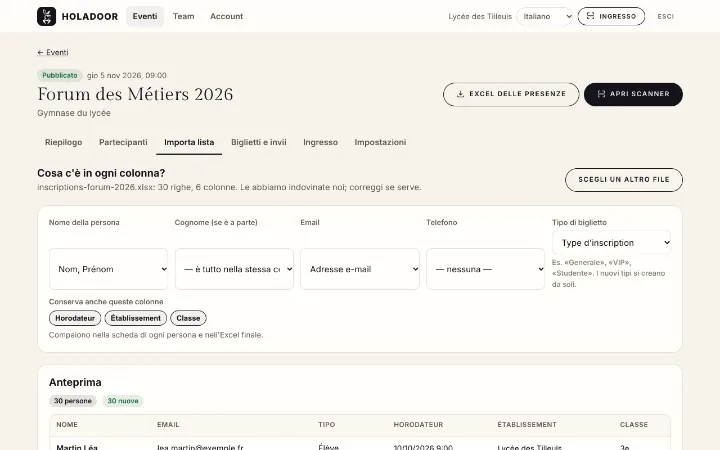 Holadoor riconosce le colonne del file importato: nome, e-mail e tipo di biglietto