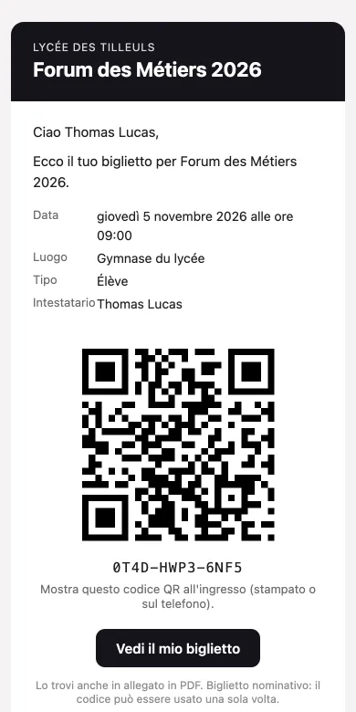 L’e-mail ricevuta da un invitato, con il QR code e le informazioni dell’evento