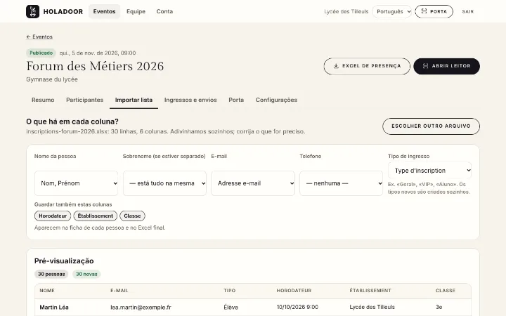 O Holadoor reconhece as colunas do arquivo importado: nome, e-mail e tipo de ingresso