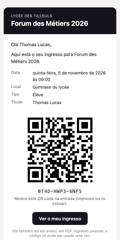 O e-mail que o convidado recebe, com o QR code e as informações do evento